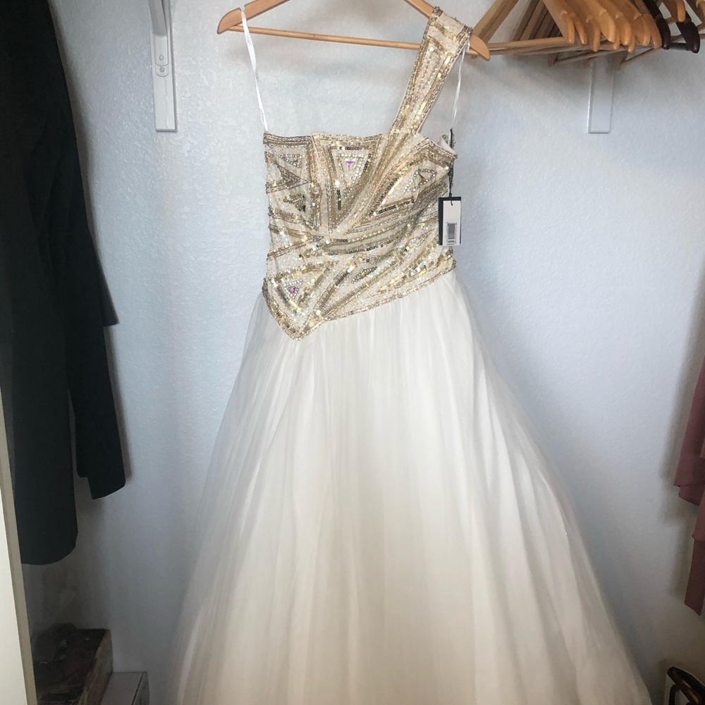Terani Couture White Ballgown w/ Gold Beading